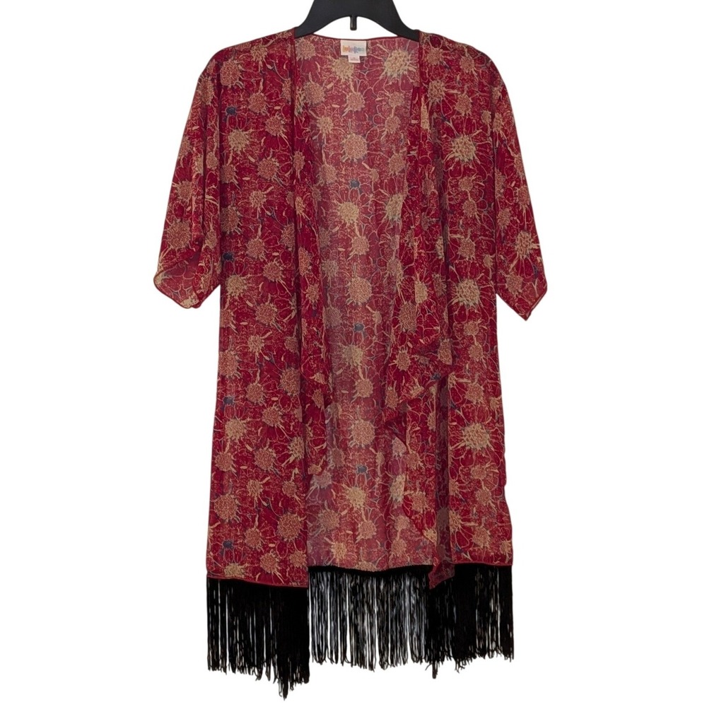 LuLaRoe Monroe Kimono Small Red Floral Sunflower Fringe Chiffon Cardigan Wrap